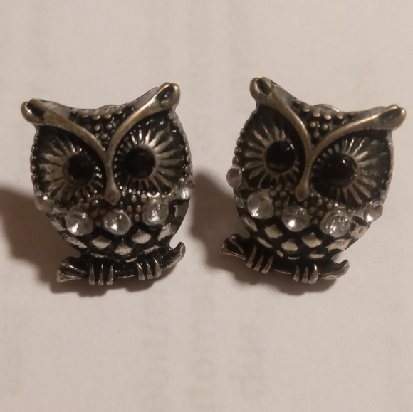 owls Jewelry - Owl stud earrings . Rhinestons across the breast and black gem eyes .